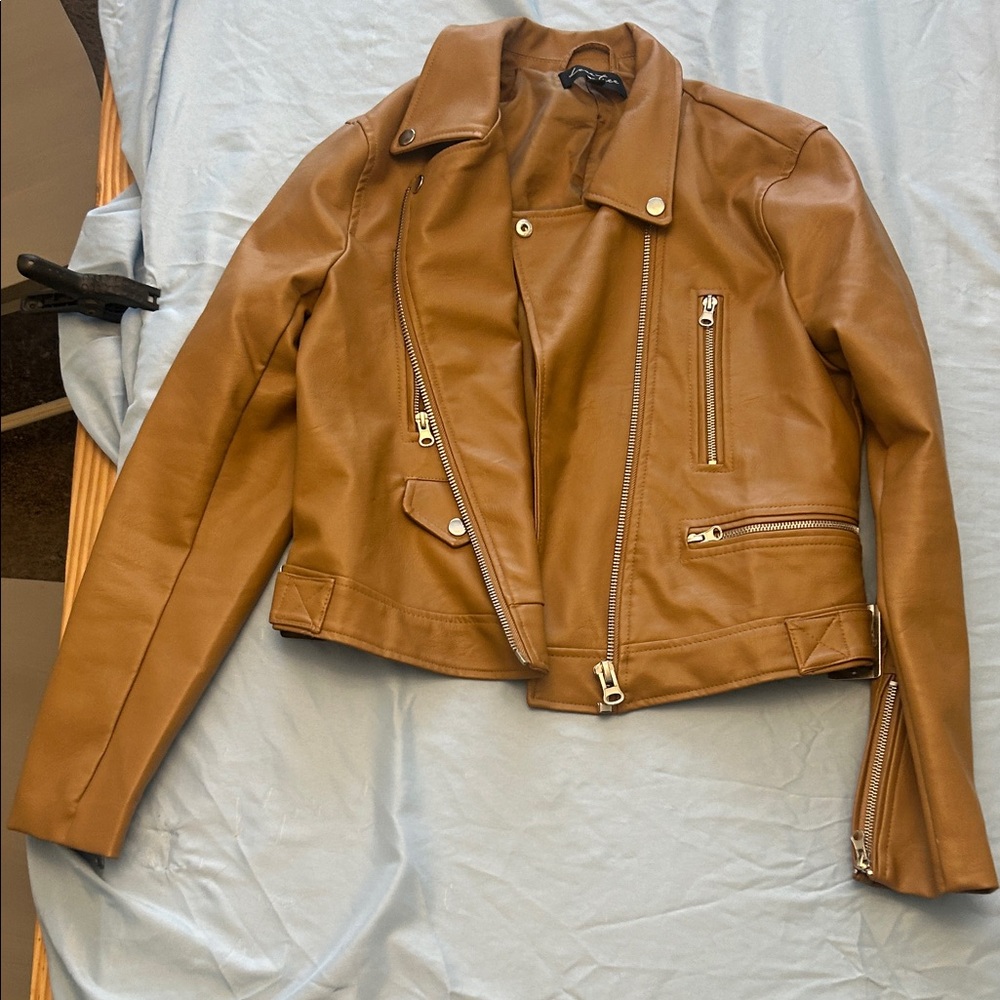 Love Tree Women's Brown Faux Leather Jacket slim fit